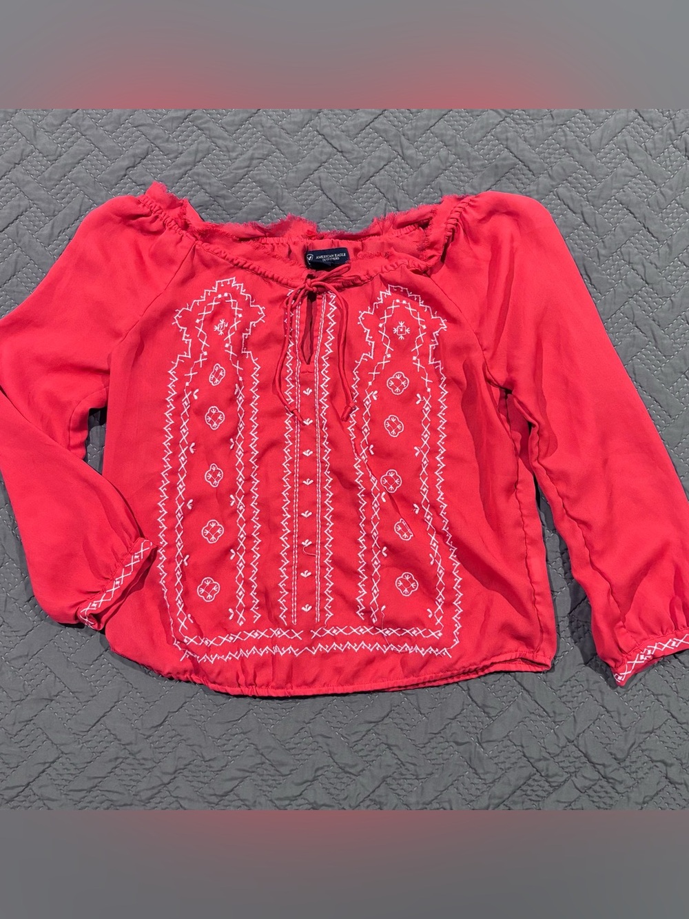American Eagle Outfitters Coral Red Embroidered Peasant Top